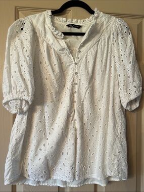 White Eyelet Puff Sleeve Blouse with Ruffle Neck